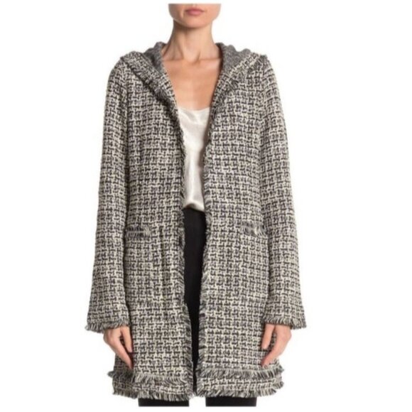 Laundry by Shelli Segal Boucle Jacket Size Small Fringed Hem Edges Cuff Hooded - Picture 3 of 12
